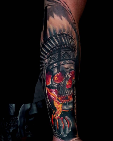 Black and grey skull tattoo done on the inner forearm.