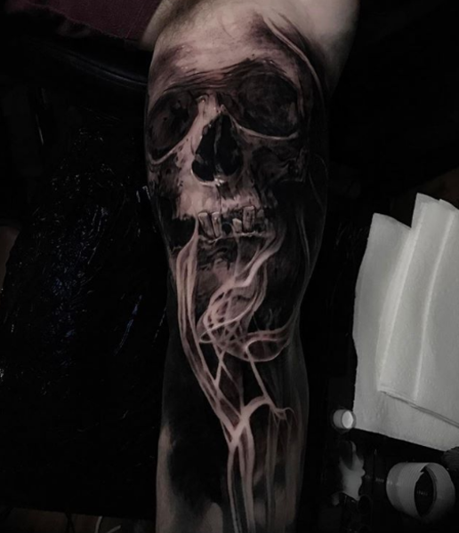Smoke, Skull & Rose by Heeyoon – Skull and Lotus Tattoo