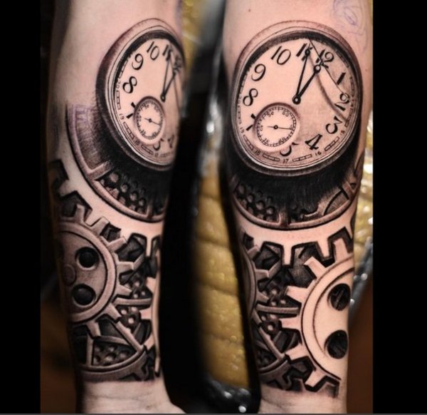 Premium Photo | Retro Watch Tattoo Design with Gold Mechanism and Cogs
