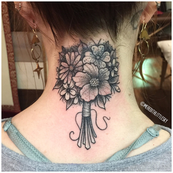 Fine line January and September birth flower bouquet tattoo with “we'll be  alright” phrase tattoo idea | TattoosAI