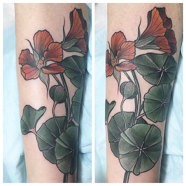 A simple, colorful nasturtium tattoo for longtime family friend! So cute!  It was great to see AND give you your first tattoo Saia! … �... | Instagram