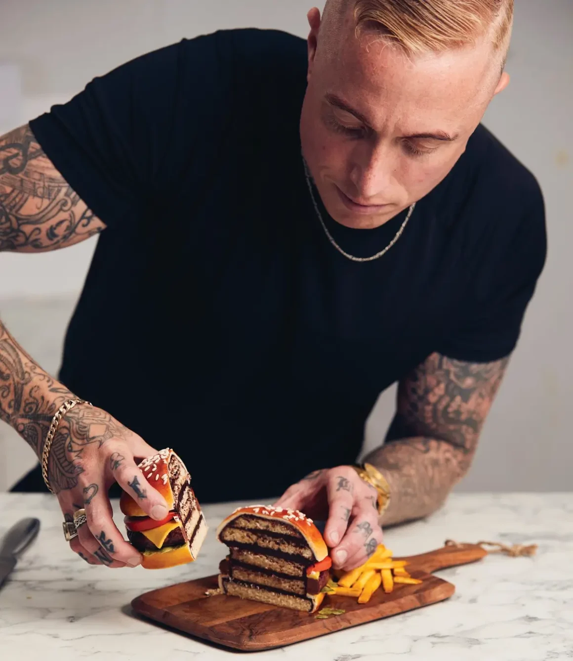 Ben with sliced burger