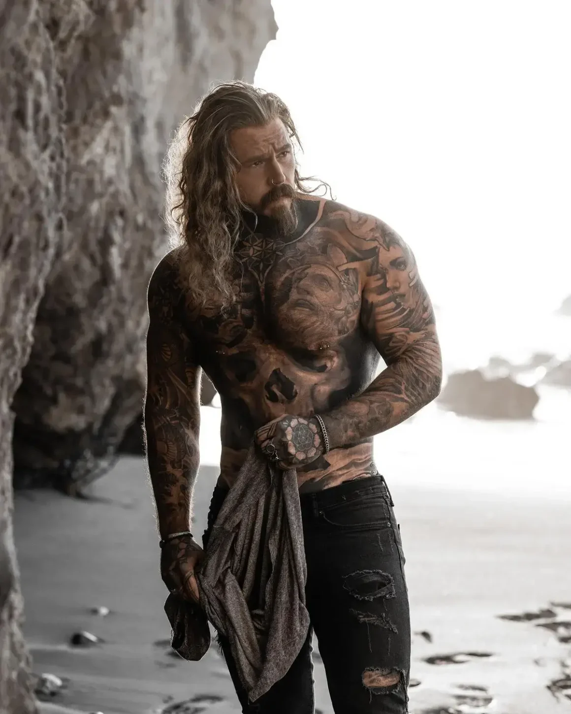 shirtless on the beach